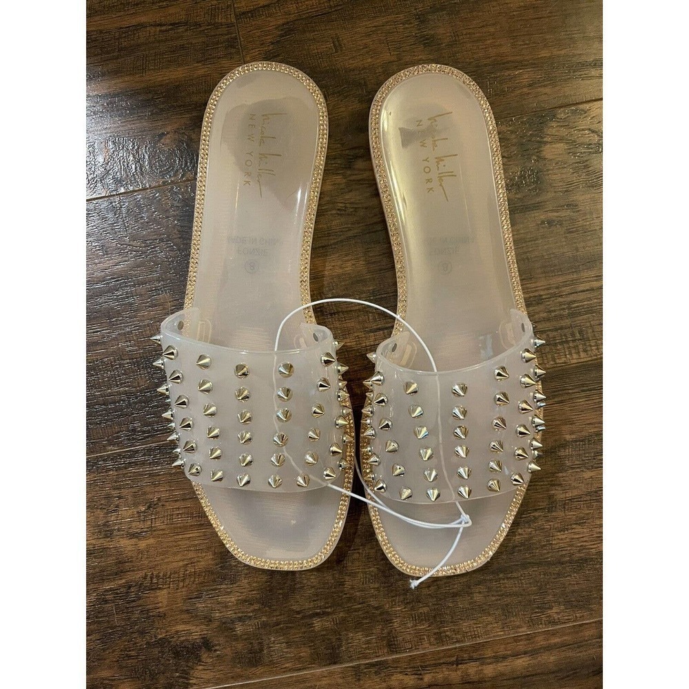 Nicole Miller NEW YORK Fonzie Women’s Ladies Clear Gold Spikes Slides Sandals 8